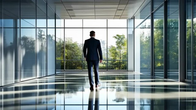 A businessman walks at hall walk in the modern building