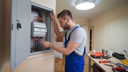 Obraz premium Electrician Replacing Old Fuse Box in a Home Setting
