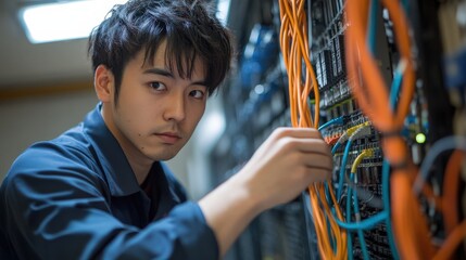 The skilled IT technician is meticulously managing server connections, ensuring everything is organized and functioning correctly in a data center environment
