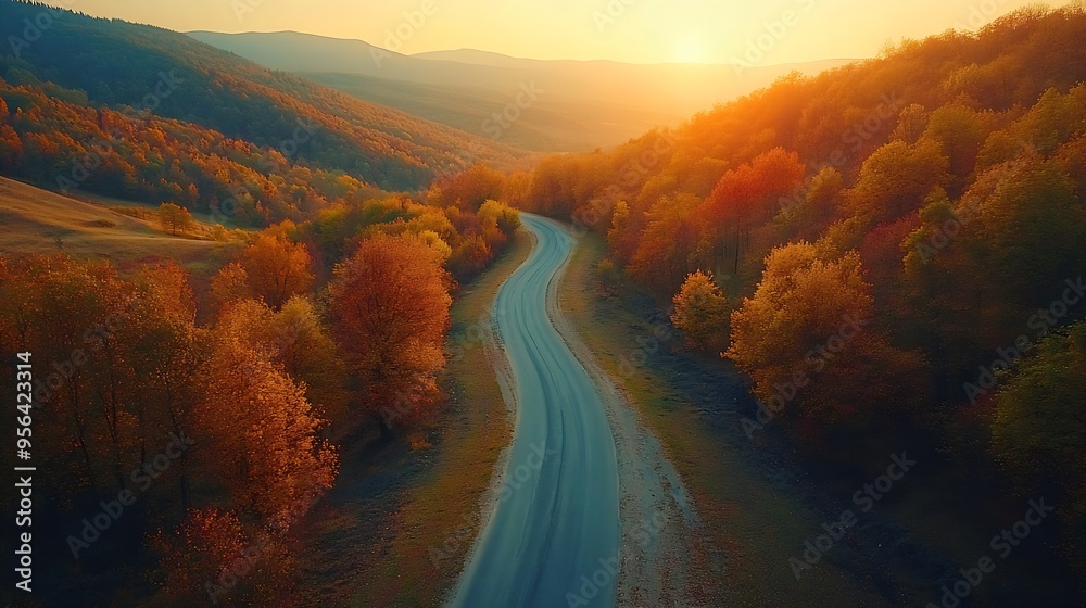Aufkleber aerial view of mountain road in forest at sunset in autumn in ukraine top drone view of road in wood