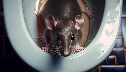 Extreme close-up of a rat coming out of the toilet bowl and looking at camera. Rodent problem in the canalization system. Unsanitary concept and pest control concept. Generative Ai.
