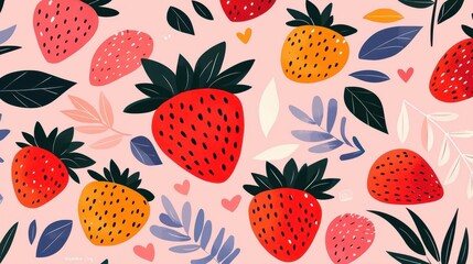 Colorful strawberry pattern on a pink background with leaves and hearts.