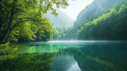 A serene lake nestled amidst lush green forests.