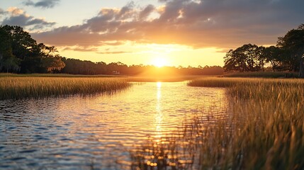 Fototapeta premium These photos depict sunrise and sunset over the marsh and water in Lowcountry Charleston South Carolina The exact location is Buck Hall Recreational center and Boat Ramp : Generative AI