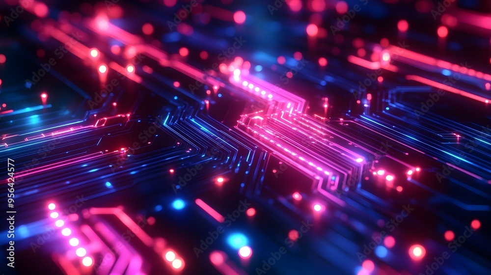 Poster Abstract Neon Circuit Board - Technology Background