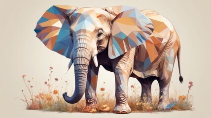 Obraz premium A low polygonal style elephant depicted in geometric abstract art, showcasing vibrant colors and unique shapes.