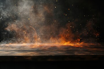 A blank wooden table with a fire burning at its edge, accompanied by sparks, smoke, and flames against a dark background for product display.