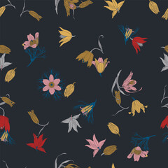 Vintage decorative vector seamless floral pattern. bright flowers on a dark background