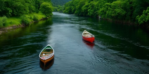 Two empty boats floating peacefully on a calm river, surrounded by lush green trees, embodying a serene and tranquil natural scene perfect for relaxation.