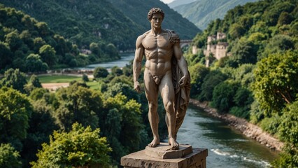 Obraz premium A statue of Hermes standing on an ancient bridge, with flowing river water below and a lush green valley in the background.