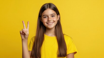A girl in a yellow shirt is smiling and holding up her hands in a peace sign