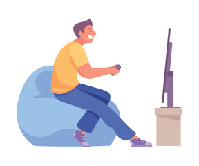 Man Character Sit and Play Video Game with Gamepad Vector Illustration