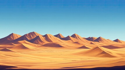 A breathtaking landscape of golden sand dunes stretching as far as the eye can see under a clear blue sky.