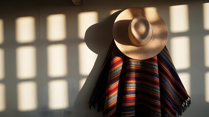 Iconic Chilean Huaso Hat and Poncho Hanging on a Wall with Shadows Cast by Soft Ambient Lighting (Fiestas Patrias Chile).