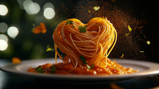 Spaghetti in kreativer Herzform angerichtet, liebevoll mit Tomatensauce und Basilikum garniert. Romantisches Valentinstags-Dinner auf elegantem Teller