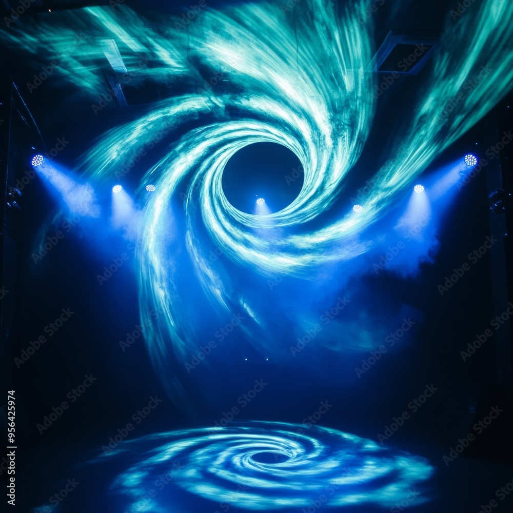 Sticker A swirling blue light projection on a stage with spotlights.