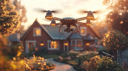 Aerial Drone Hovering in Front of a Modern Suburban House at Sunset with Warm Lighting