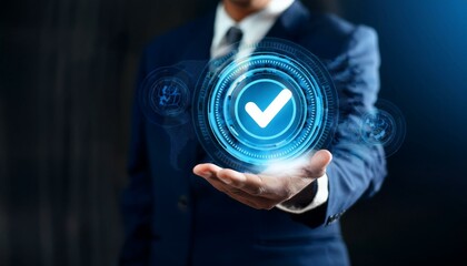 Businessman Holding Digital Check Mark Icon for Quality Assurance and Certification