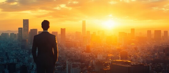 Businessman Overlooking City Skyline at Sunset with Vibrant Orange and Yellow Sky