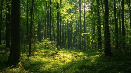 Obraz premium A wide shot of a lush green forest, full of life and vibrant greenery