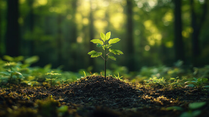 A young tree growing in a dense forest, surrounded by mature trees, representing natural growth and the cycle of life.