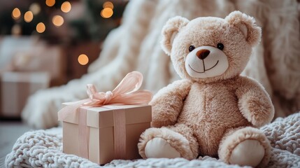 Cozy Teddy Bear with Gift Box Wrapped in Ribbon on Knitted Blanket, Warm and Festive Holiday Scene