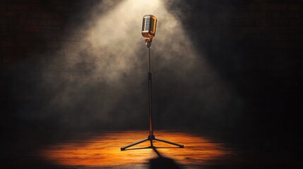 Stage with a bright spotlight beam focusing on a vintage microphone stand, ready for a solo performance