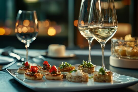 White Wine Glasses. Fine Dining. Starter Appetizers Canap&eacute; Hors d'oeuvre Amuse-gueule Antipasto. Elegant Table Setting. 