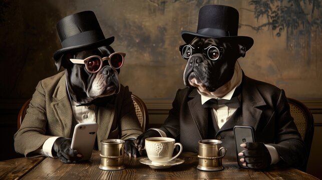 Two dogs in period costumes and hats enjoy drinks in a retro pub.English bulldogs with cell phones