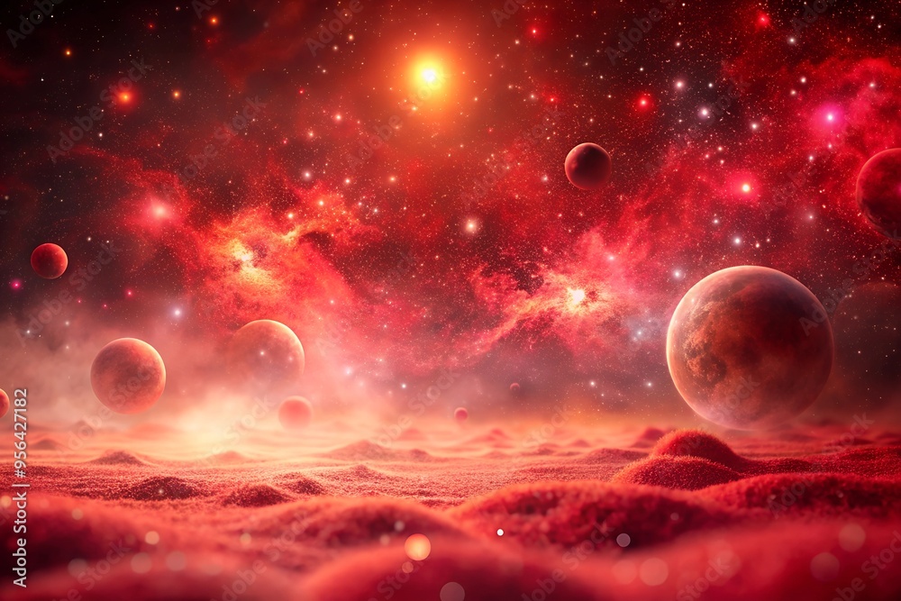 Sticker abstract red dreamscape with dust particles in a celestial atmosphere
