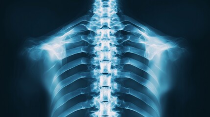 Illuminated Spine: A detailed blue-toned X-ray reveals the intricate structure of a healthy human spine and ribcage.  