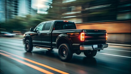 Obraz premium rear view modern brutal American pickup truck in motion