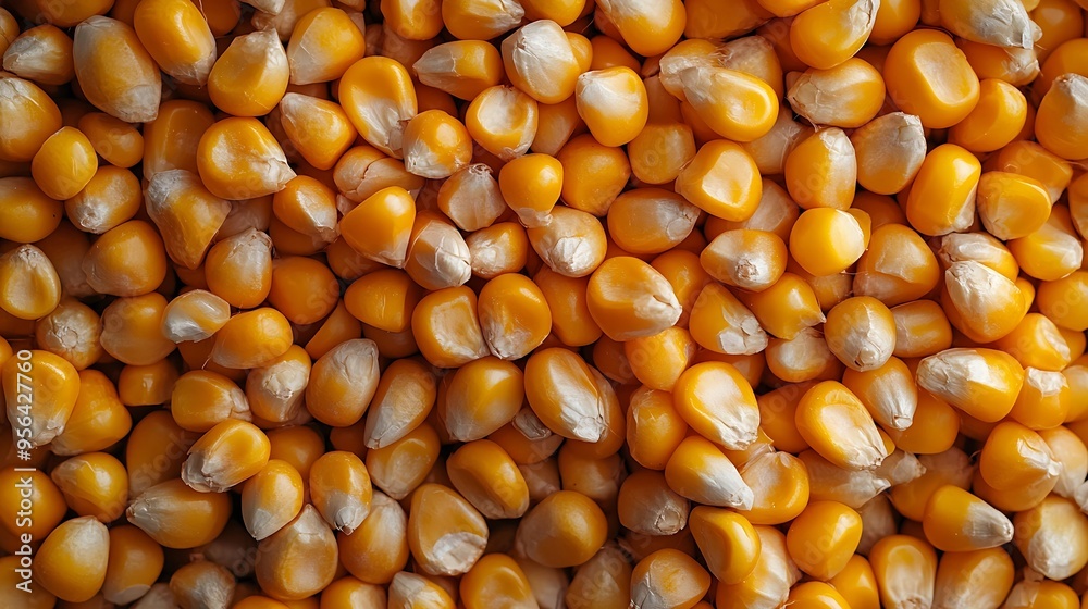 Poster Closeup of yellow corn kernels top view Zea mays seeds top view Background of corn grains top view Corn harvest grain in bins background texture : Generative AI
