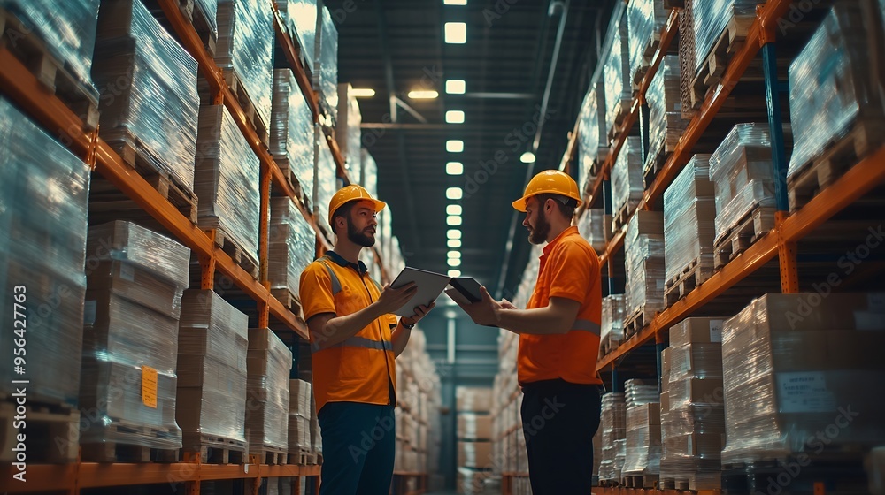 Poster Men tablet and inspection for stock in warehouse with teamwork inventory check and logistics business Quality assurance tech and team discussion in factory for export industry and ecom : Generative AI