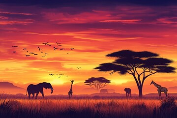 Fototapeta premium A serene sunset landscape featuring elephants and giraffes in a vibrant natural setting.