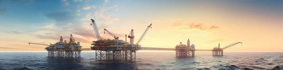 Obraz premium Offshore oil and gas platform in ocean. Petroleum platforms or crane.wide banner