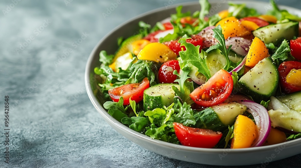 Poster delicious vegetable salad on light grey table top view : generative ai