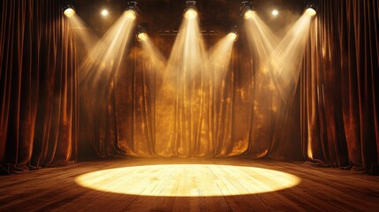 Vintage theater stage with classic spotlights casting warm, golden light on the velvet curtains.