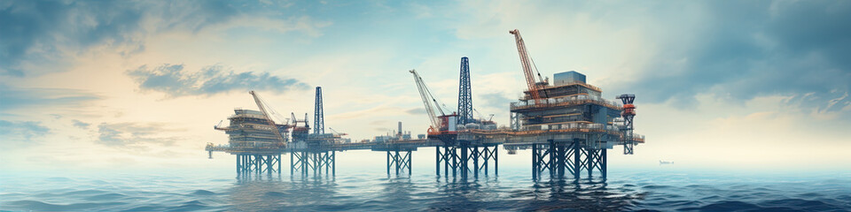 Fototapeta premium Offshore oil and gas platform in ocean. Petroleum platforms or crane.wide banner
