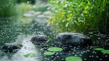 Fototapeta premium Swamp with a few rocks and some plants in the background Wild nature calm water : Generative AI