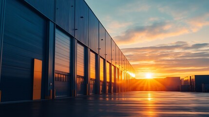 Modern Industrial Warehouse at Sunset with Clear Sky : Generative AI