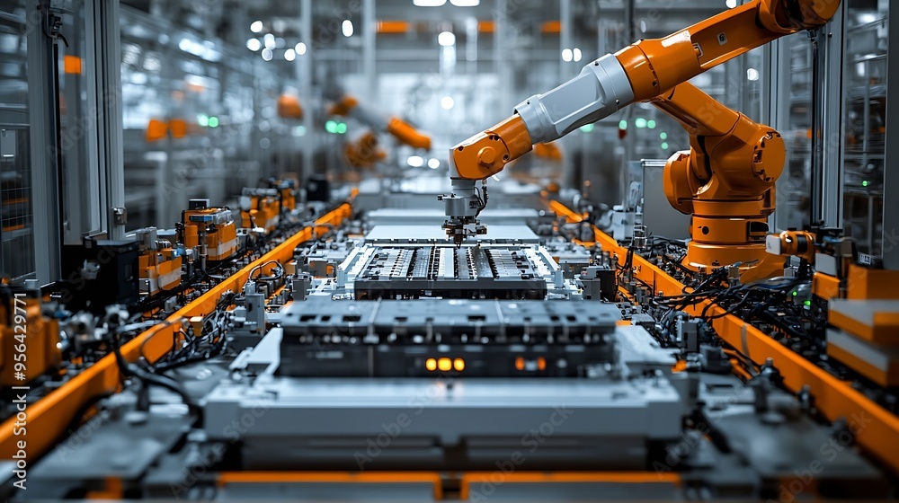 Aufkleber front view electric car battery manufacturing line industrial robot arms assemble lithiumion ev batt