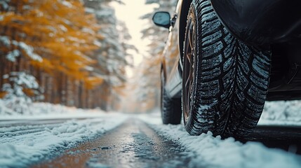 Summer tires on a road move from summer to snowy winter road Change a car seasonal tyre summer forest road with trees background Banner Selling off Or Background automechanic : Generative AI