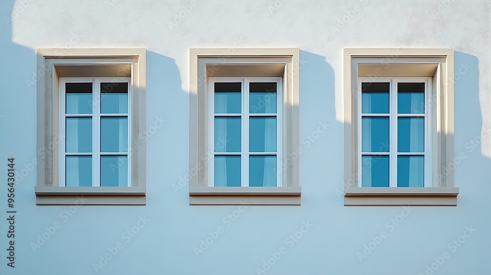 Poster Several windows on the wall of a building with a white facade New windows have been installed in a house under construction with a light facade Front view closeup : Generative AI