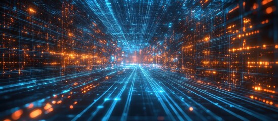 Fototapeta premium Futuristic Digital Data Stream with Glowing Blue and Orange Lights in a High-Tech Virtual Environment