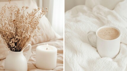 bed coffee and candle, cozy vibes, mostly beige, brown, neutral colors but with a big amount of white.