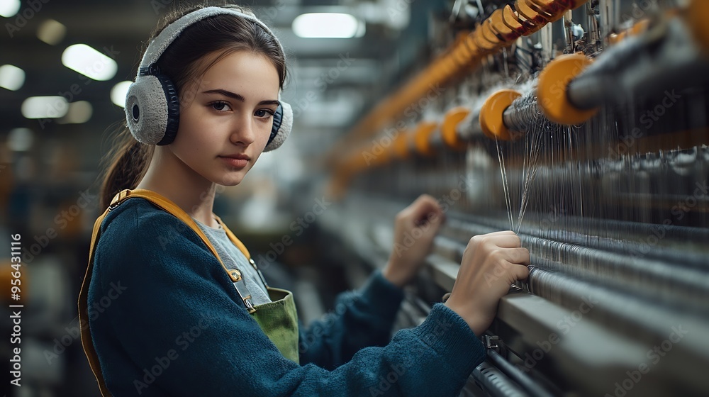 Leinwandbilder textile industry factory worker with earmuffs standing by large industrial knitting machine and chec