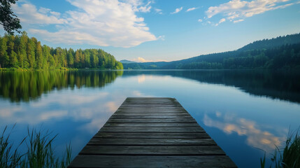 Fototapeta premium A wooden pier sits on a lake, with a clear blue sky above. The water is calm and still, reflecting the trees and sky above. The scene is peaceful and serene