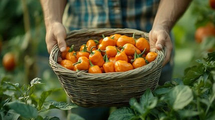 summer harvest Collect fruits from the backyard garden Harvest pimiento del padron or small pepper : Generative AI