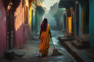 A female sweeper walking with a broom in the street.
